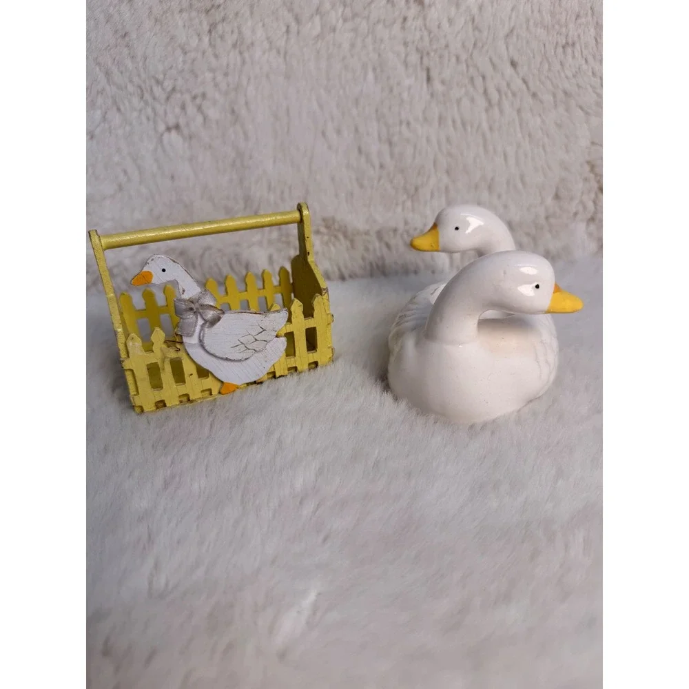 Vintage Cottagecore Goose Decor Set Ceramic Candle Holder Yellow Wood Basket